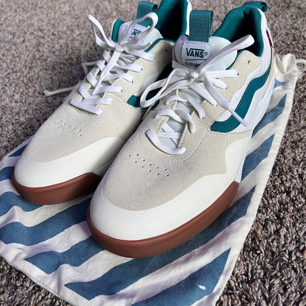 Vans Custom White and Teal Sneakers with Gum Sole - Men’s 13